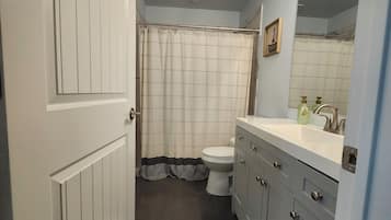 Hair dryer, towels, soap, toilet paper