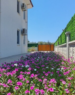 A building with a gated entrance, a flower garden with pink and white flowers, and a clear blue sky. - Villa Tei, For exclusive guests, in ÖLÜDENİZ, NEW (Fethiye)