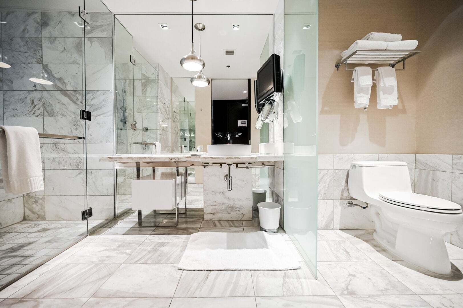 Shower, jetted tub, hair dryer, towels