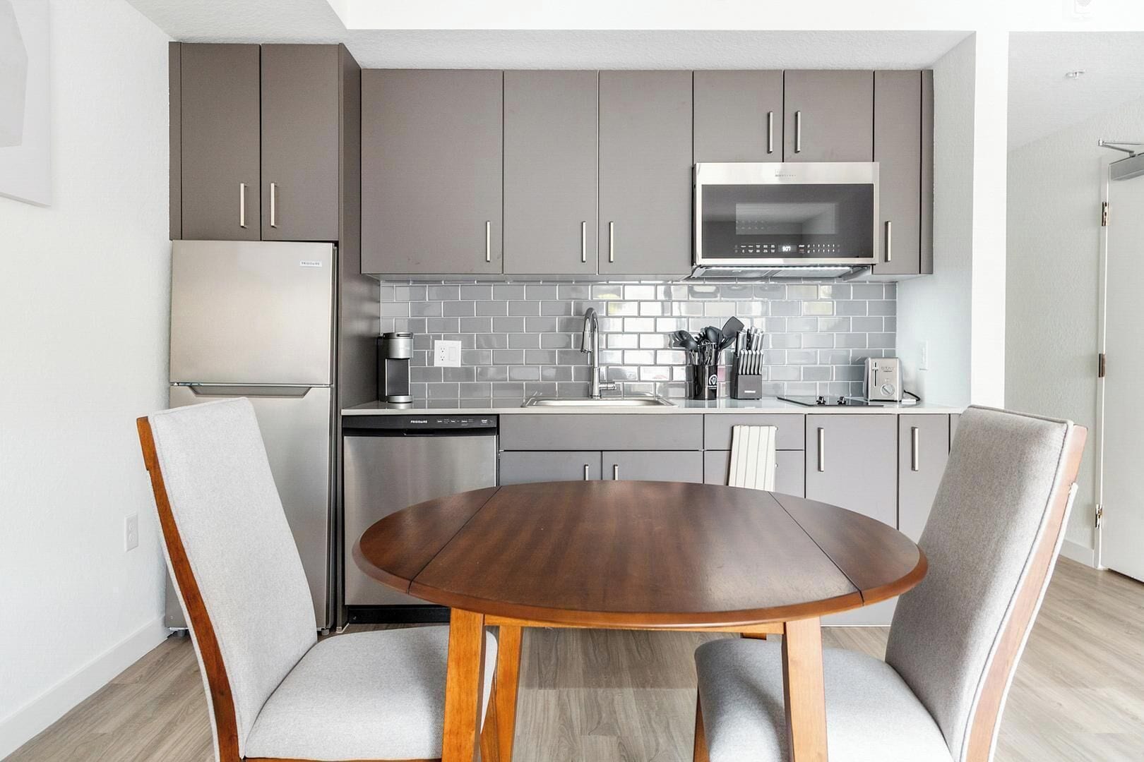 Fridge, dining tables