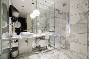 Shower, jetted bath, hair dryer, towels - SVS: Strip View Studio | Open Balcony | Palms Place (Las Vegas)