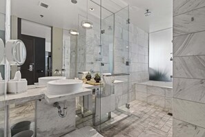 Shower, jetted bath, hair dryer, towels - SVS: Remodeled Strip View Studio | Open Balcony | Resort Pool | Palms Place (Las Vegas)