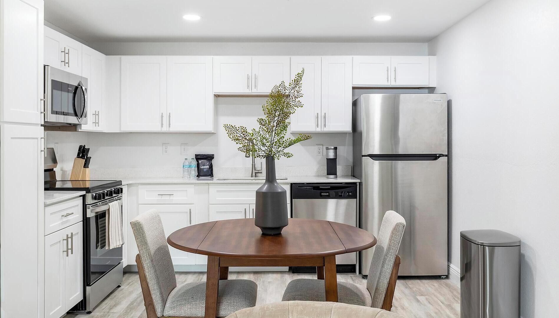 Fridge, dining tables