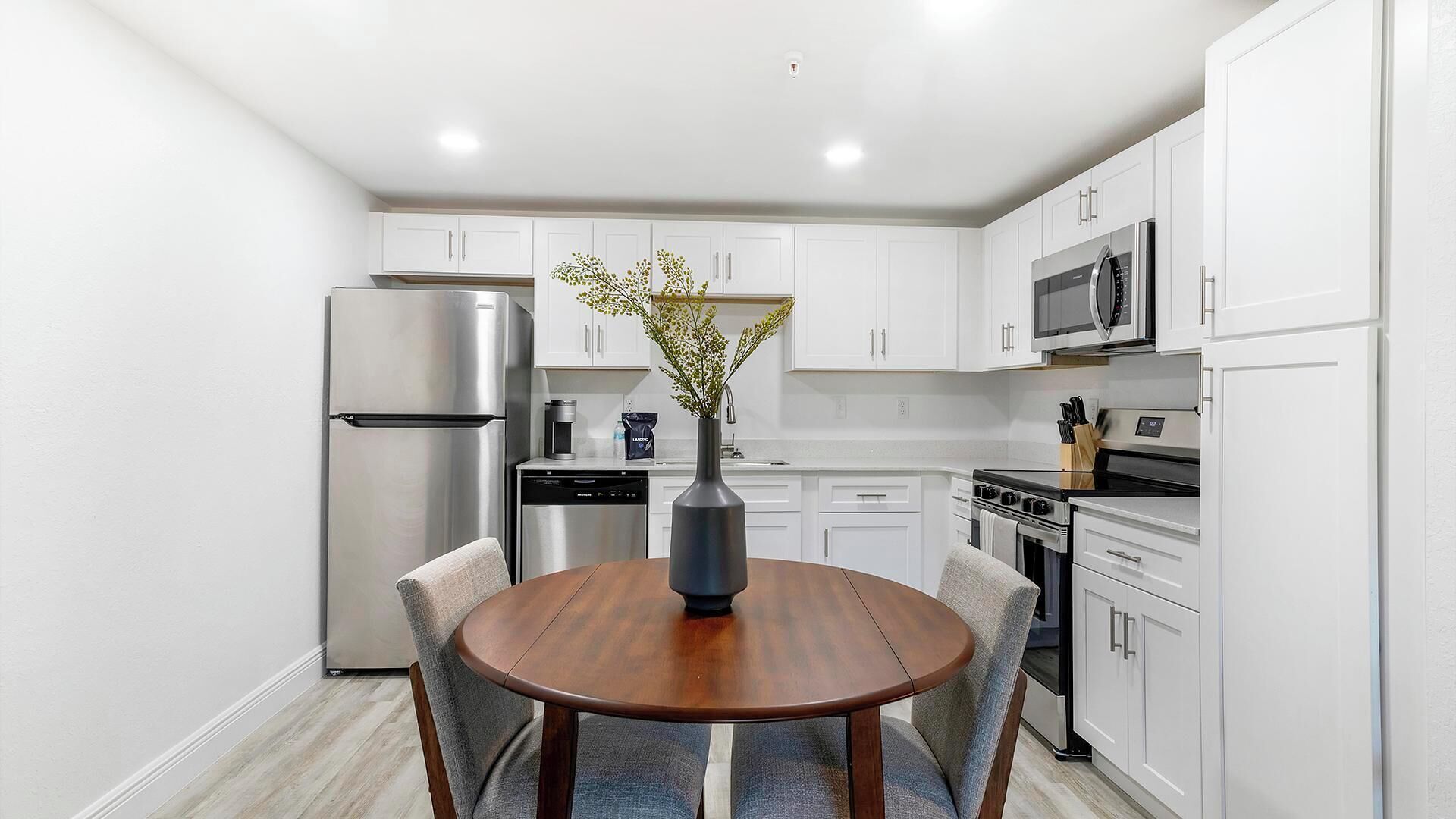 Fridge, dining tables