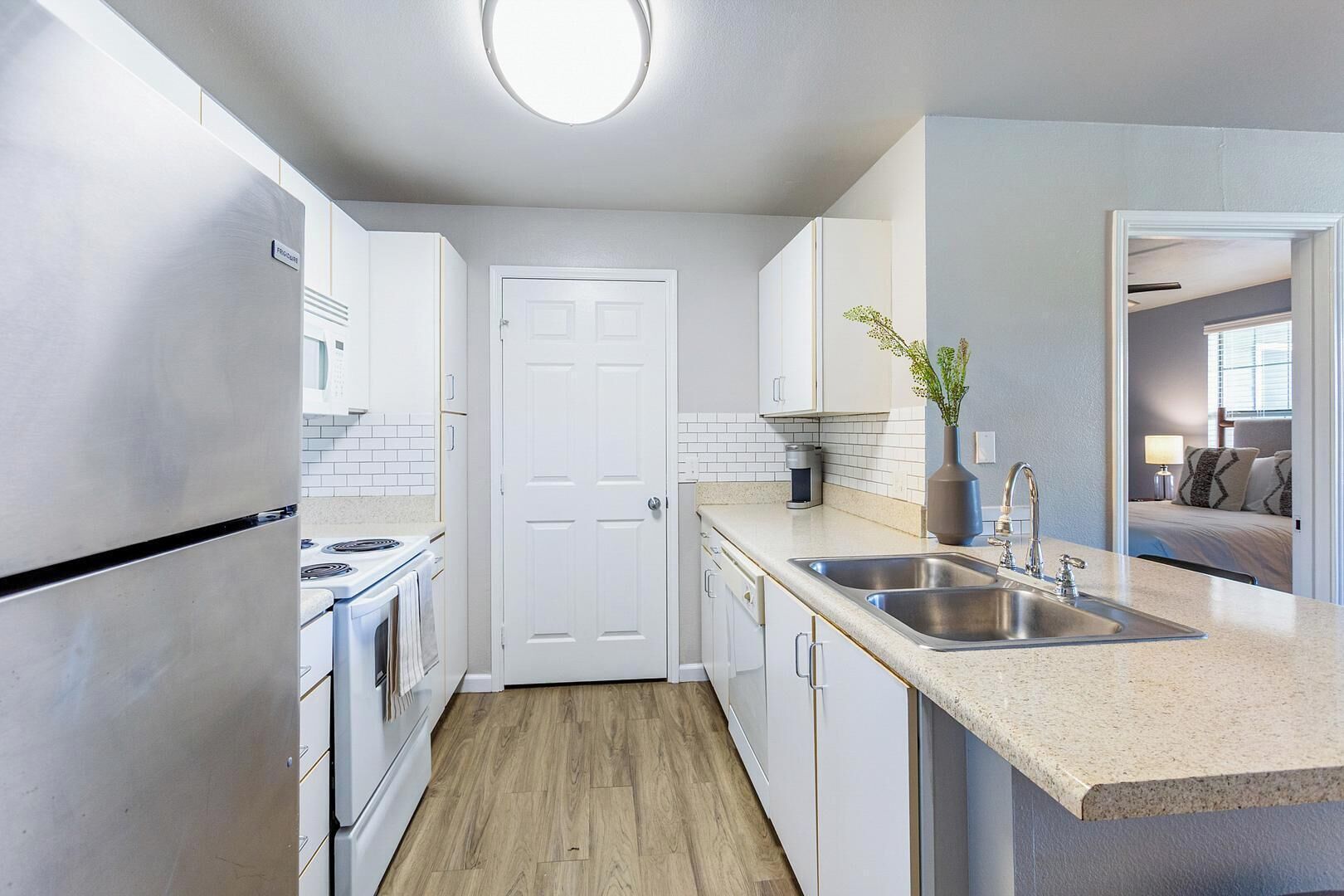 Fridge, dining tables