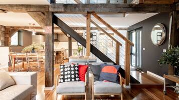 TV, fireplace, books