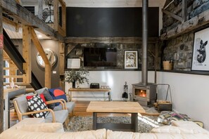 Televisión, chimenea y libros 
