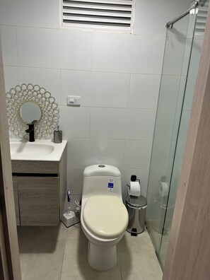 Shower, hair dryer, towels, soap