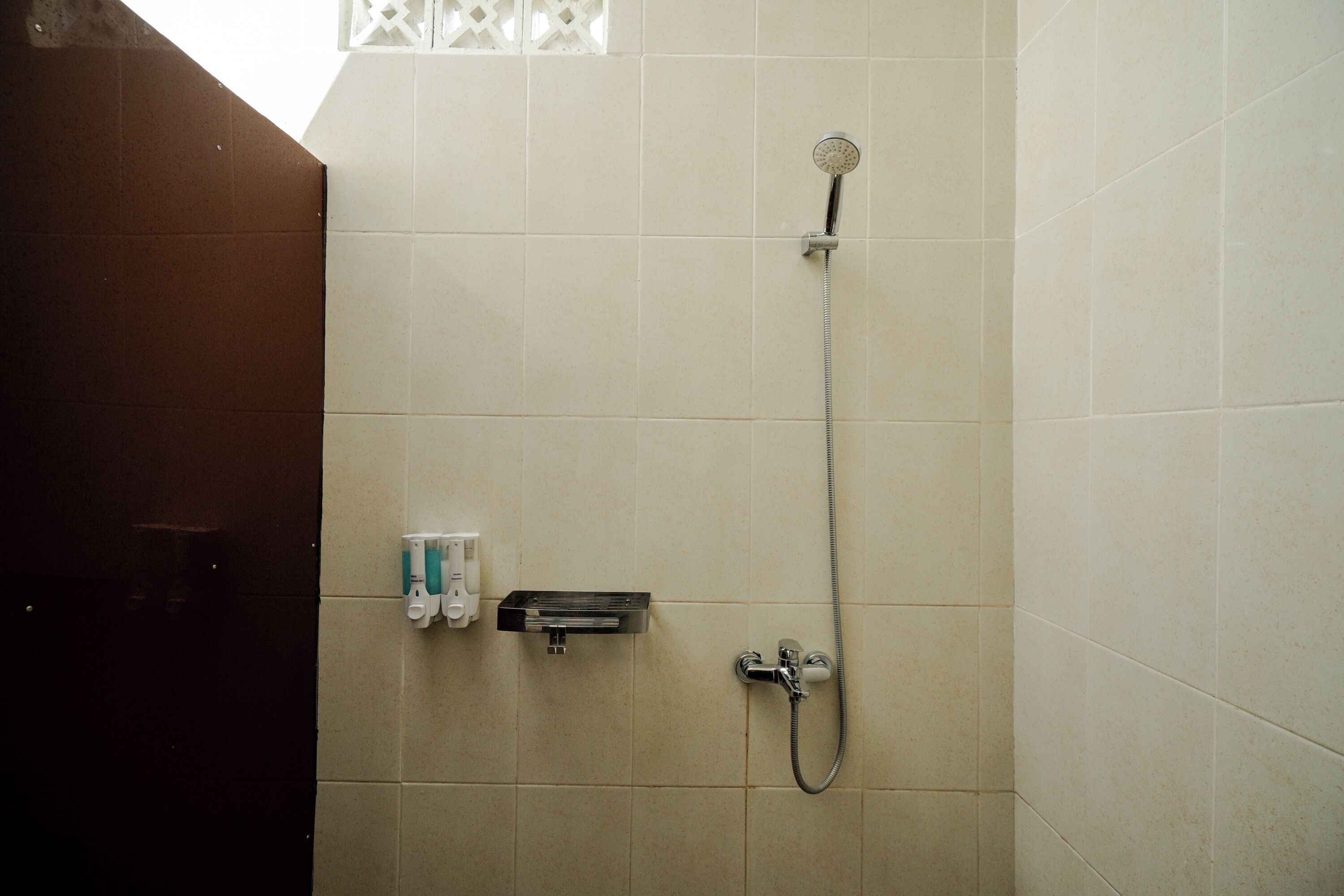Eine Dusche mit Handbrause, einer Handbrause und einem wandmontierten Wasserhahn.
