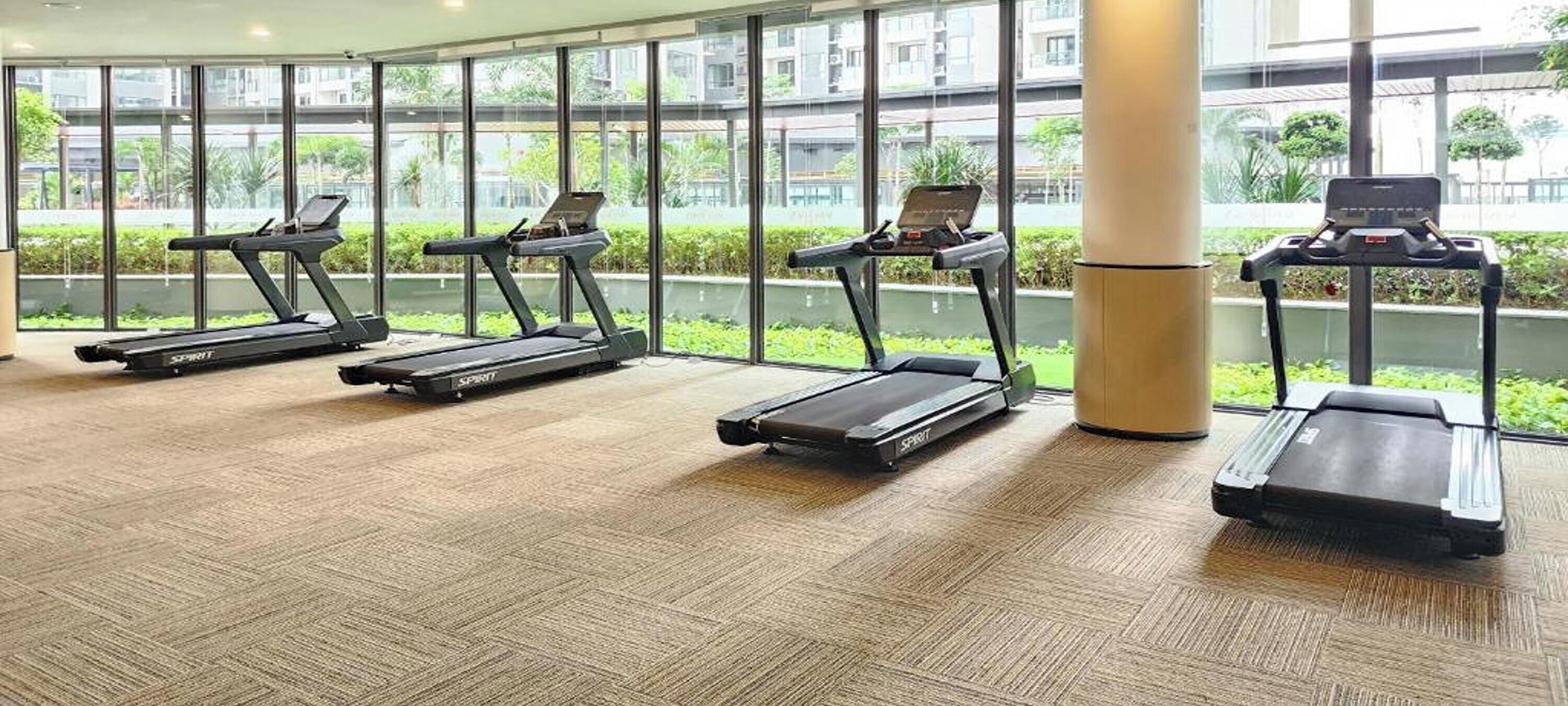 A gym with treadmills aligned in a row, large windows, and a carpeted floor.