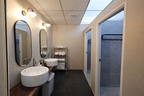 Suihku, ilmaiset hygieniatuotteet, hiustenkuivaaja, pyyhkeet