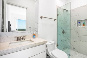 Shower, hair dryer, towels - Dog-friendly home with heated pool, hot tub, partial ocean views, & balcony (Rosarito)