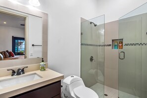 Shower, hair dryer, towels