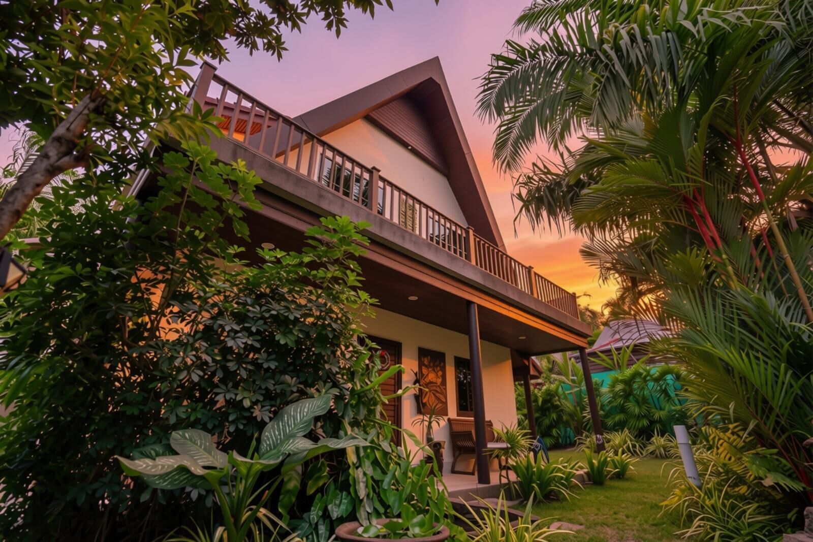 Un bâtiment moderne à deux étages, doté d’un balcon et entouré d’une végétation tropicale luxuriante.