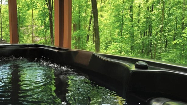 Ein Whirlpool mit Blick auf einen dichten Wald.