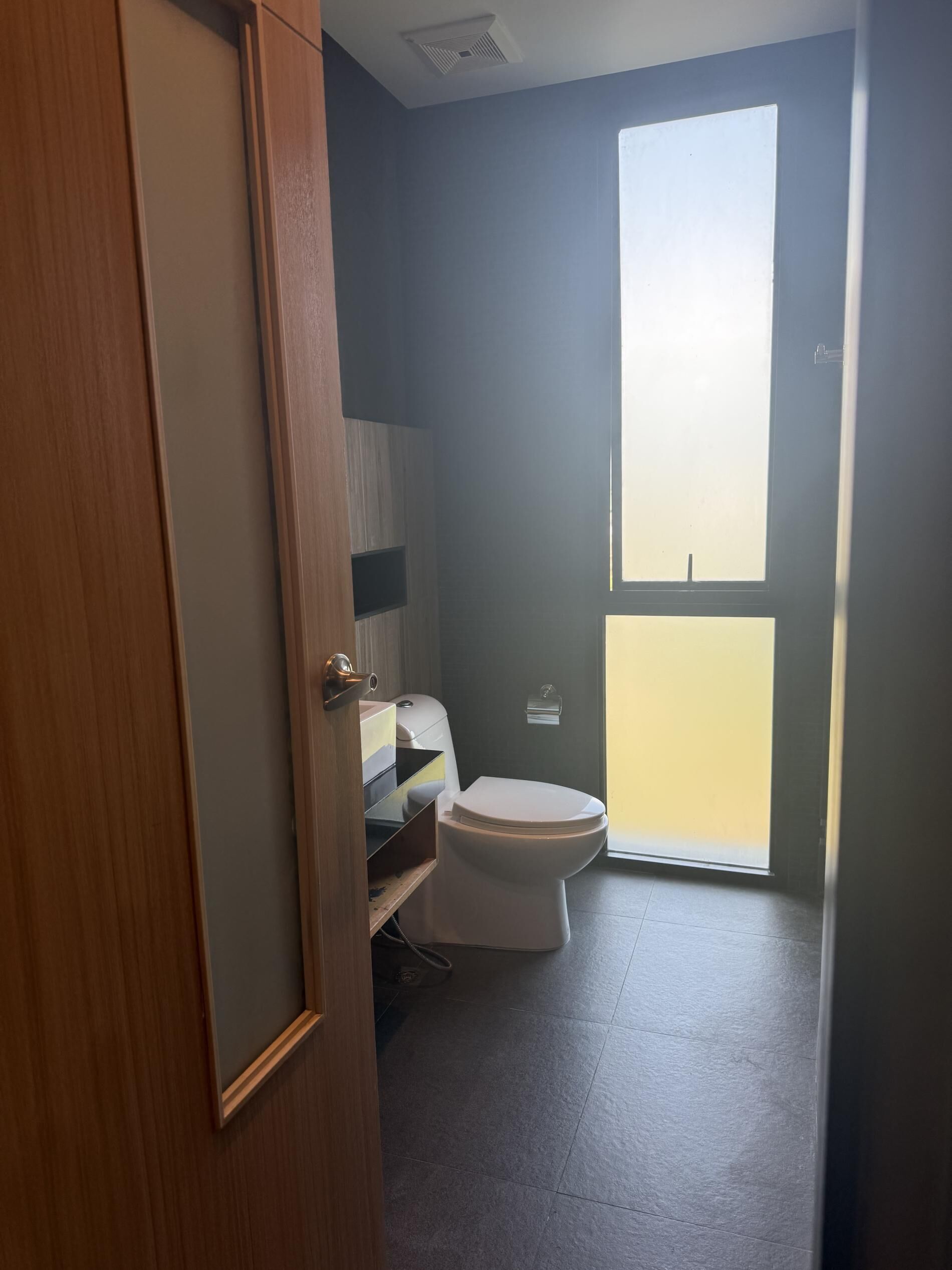 A bathroom with a toilet, a sink, and a window.