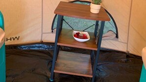 Una tenda amb taula de fusta, prestatges, una planta en test i un bol amb flors vermelles.