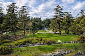 Un parcours de golf doté d’une pelouse bien entretenue, d’arbres et d’un chemin sinueux.