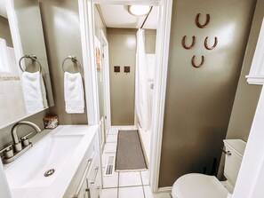 Shower, towels, soap, toilet paper