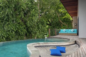Una piscina con vasca idromassaggio, circondata da vegetazione rigogliosa e un pontile in legno.