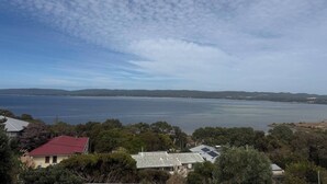 Un paysage côtier avec des maisons, des arbres et une vue sur la mer.