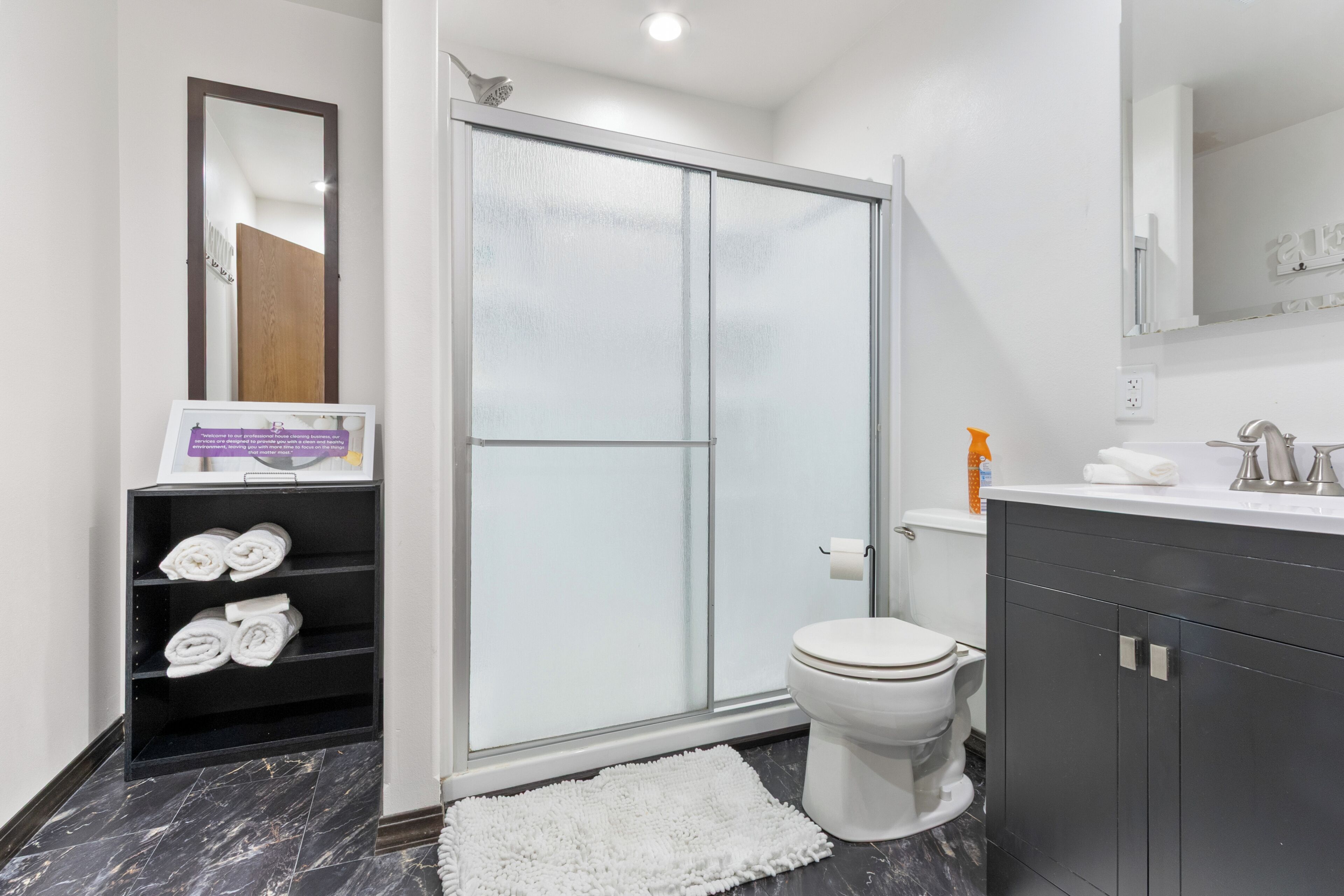 Shower, towels, soap, toilet paper