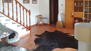 Una sala de estar con una escalera, un mueble de madera con puertas de vidrio y una alfombra negra grande.