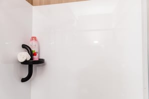 Douche, sèche-cheveux, serviettes fournies, shampoing