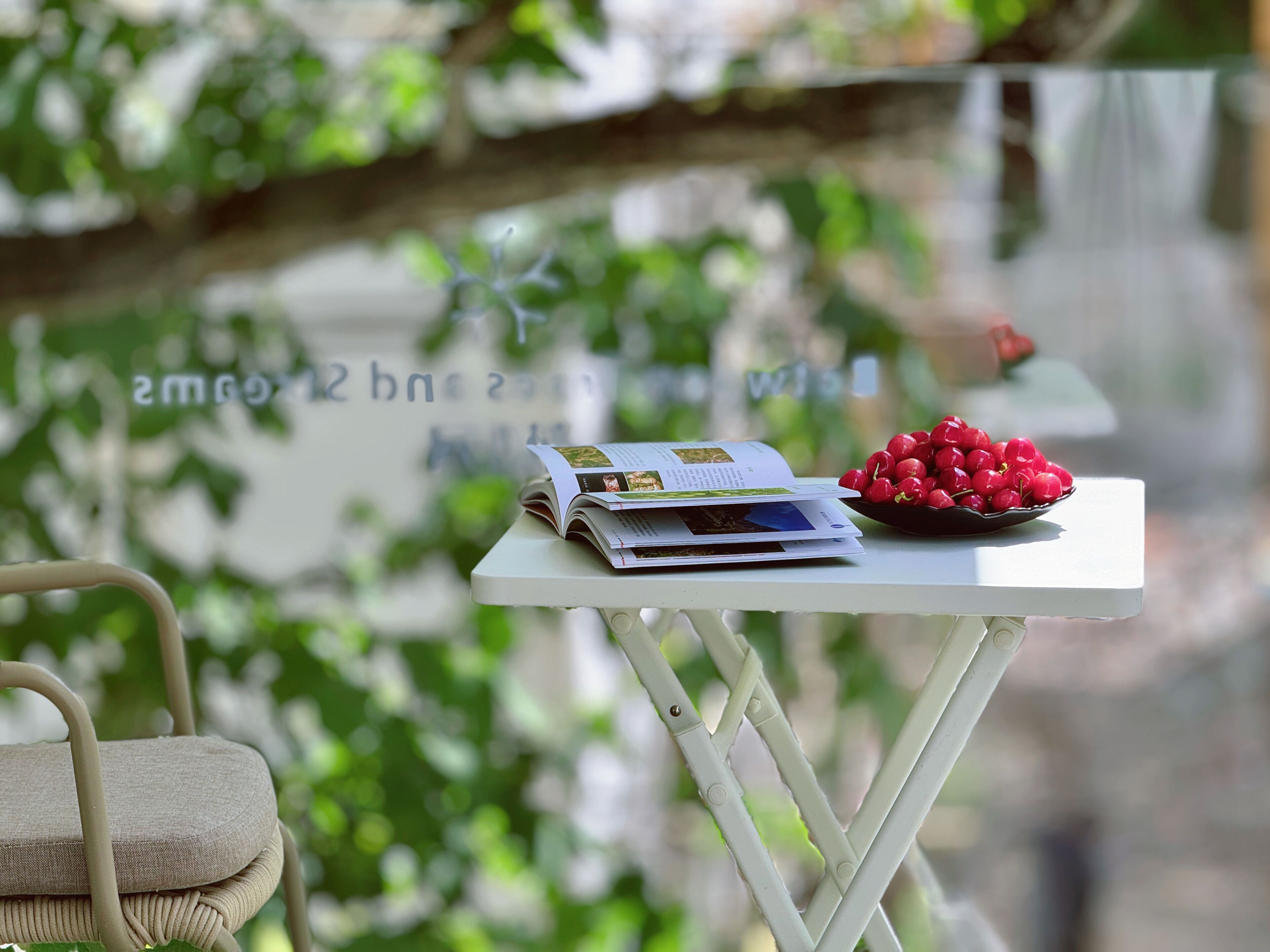 A white table with a magazine and a bowl of cherries, a chair, and a blurred background with greenery.
