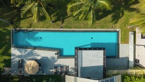 Una piscina rectangular con un borde de baldosas, rodeada de césped y palmeras.