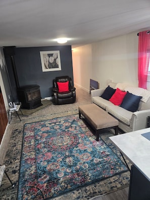 Un salón con un sofá, una silla, una alfombra, una chimenea y un cuadro en la pared.