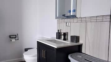 Hair dryer, towels, soap, toilet paper