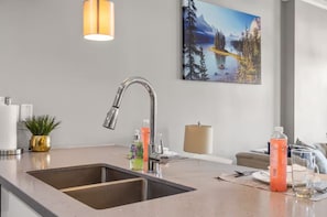 A modern kitchen with a stainless steel sink, a pendant light, a painting of a mountain landscape, and a potted plant.