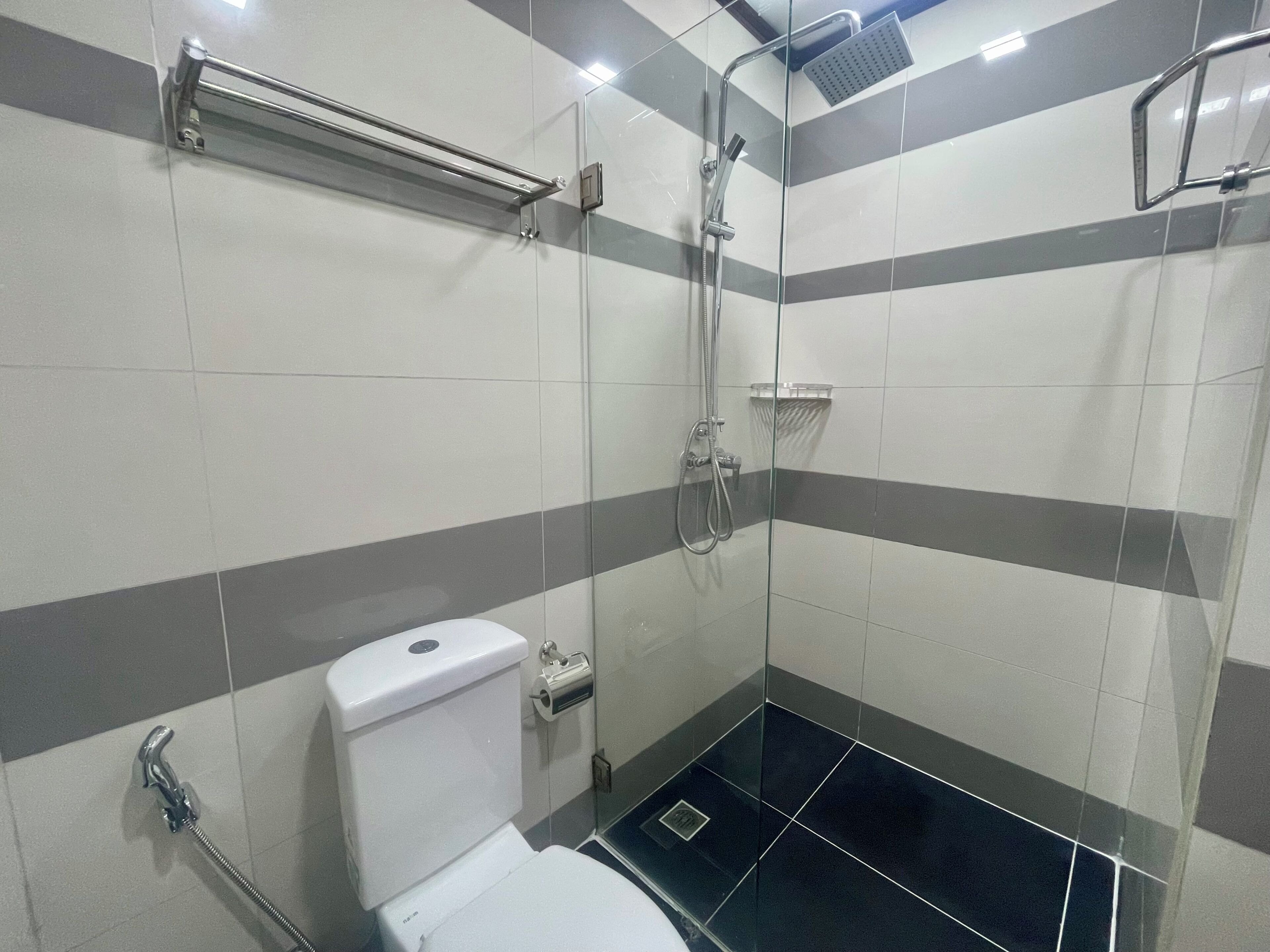 Shower, hair dryer, bidet, towels