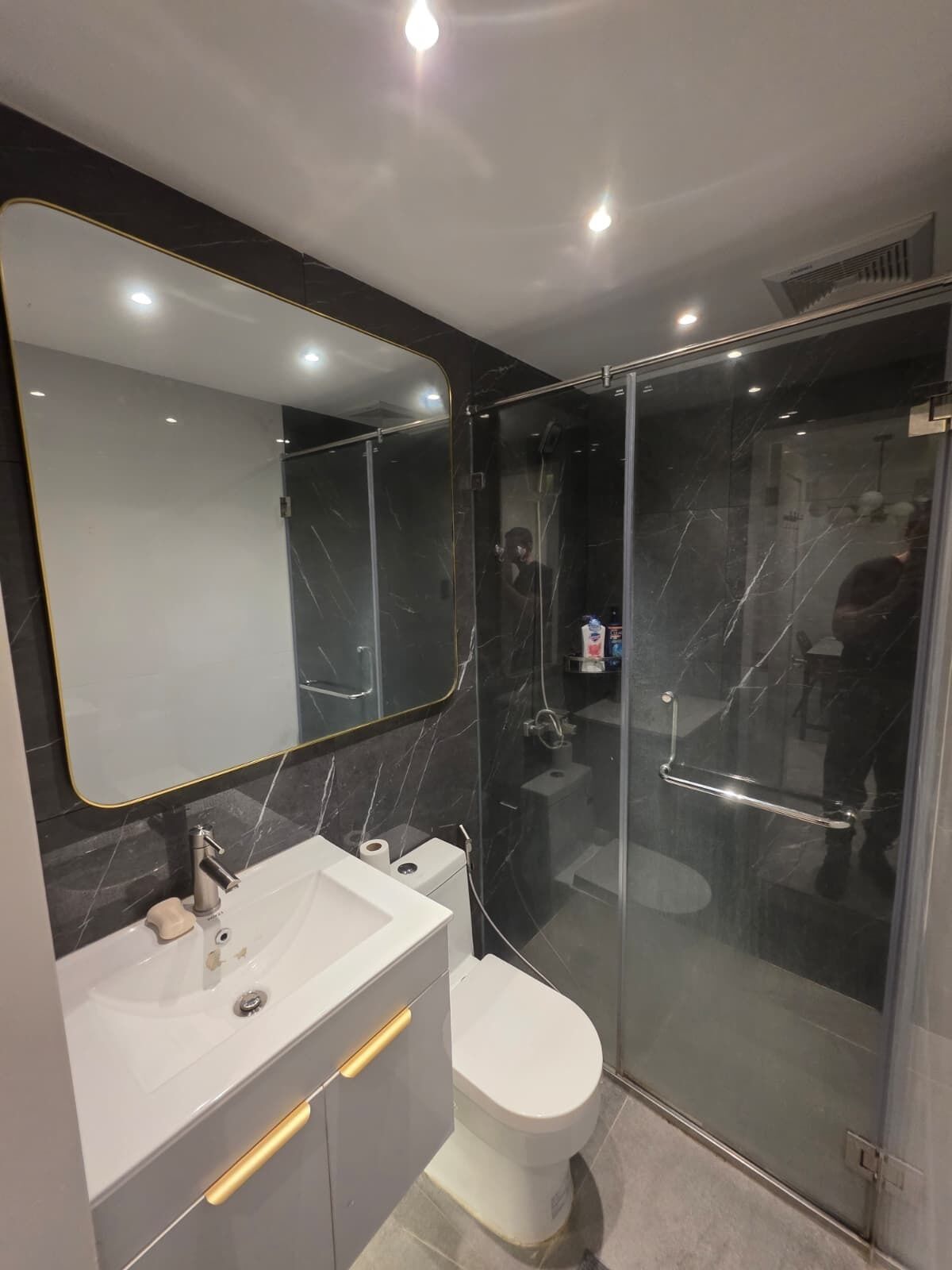 Hair dryer, towels, soap, toilet paper