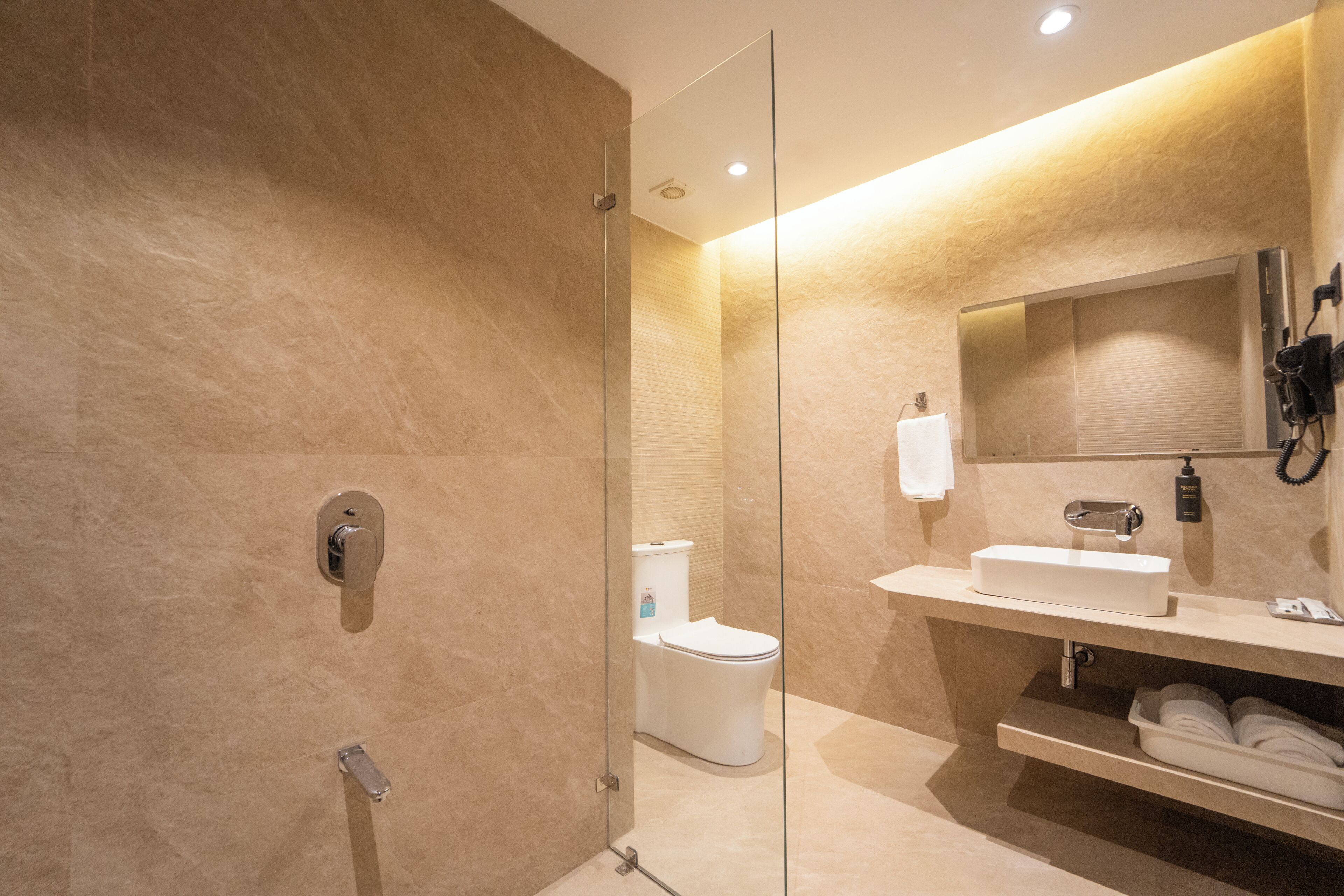 A modern bathroom with a glass shower enclosure, a white toilet, a sink with a mirror, and a towel rack.