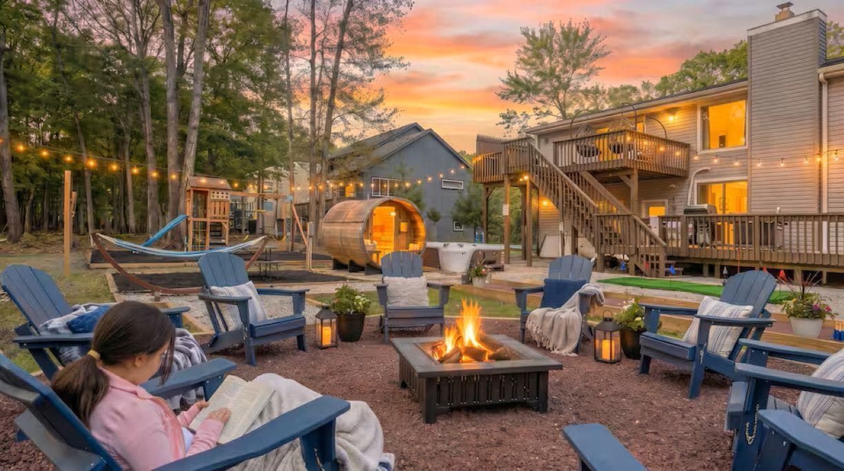 A cozy outdoor seating area with Adirondack chairs, a fire pit, and a hammock.
