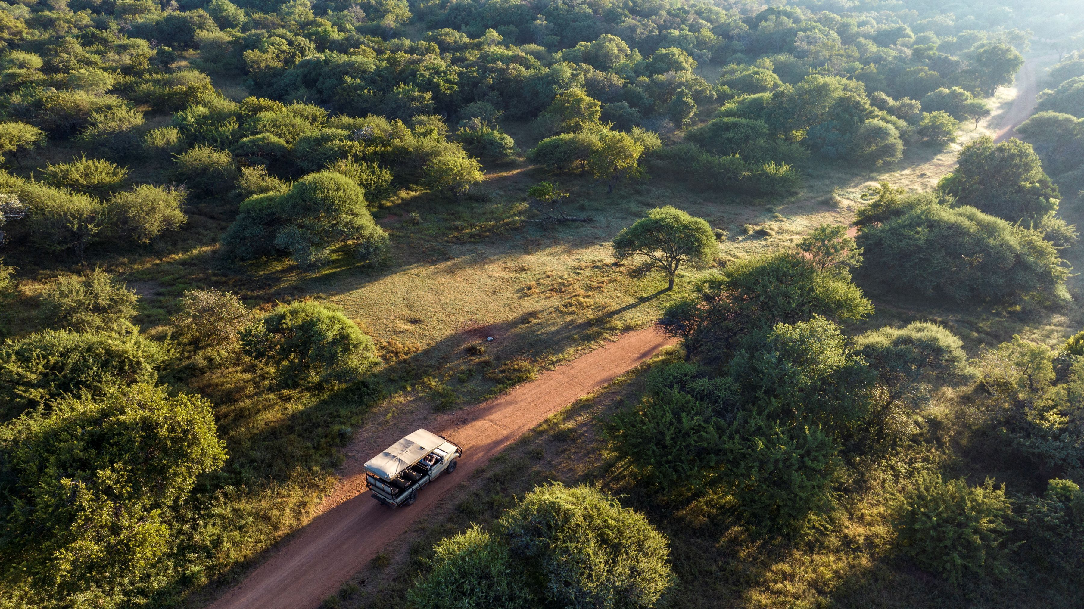 An aerial view of a dirt road with a vehicle.