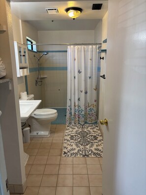 Douche, serviettes fournies, savon, papier toilette