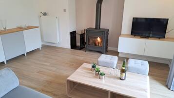A modern living room with a wooden floor, a sofa, a coffee table with plants and glasses, a fireplace, and a TV on a stand.