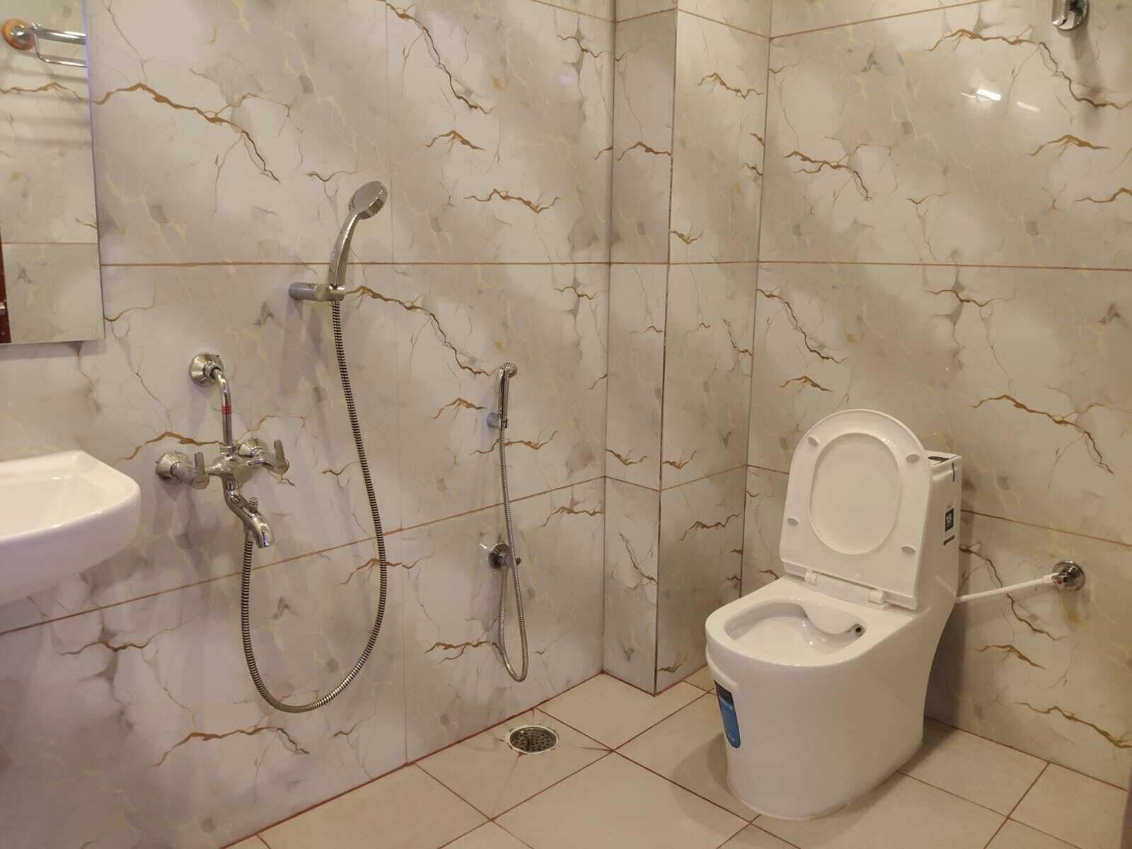 Casa de banho com sanita, lavatório e chuveiro com chuveiro manual.
