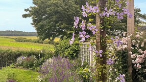 A garden with purple flowers, a wooden structure, and a green field in the background. - 1 bedroom accommodation in Weybourne (Weybourne)
