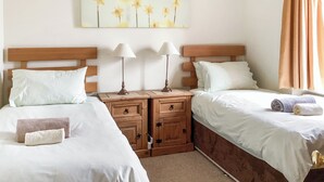 Habitación doble con dos camas, una mesita de noche con lámparas, un cabecero de madera y un cuadro de flores en la pared.