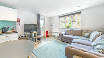 A modern living room with a sofa, a television, a dining table, and a kitchen area with a kettle and toaster.