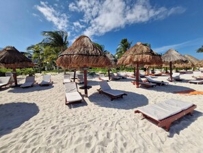 Ein Strand mit Liegestühlen und Reetdach-Sonnenschirmen.
