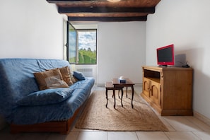 Una habitación con un sofá azul, un armario de madera, un televisor y una ventana con vistas al verde.