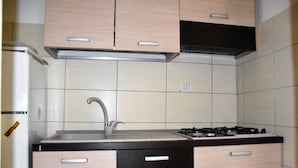 Een keuken met een kookplaat, spoelbak en kastjes.