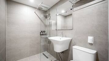 A modern bathroom with a glass shower enclosure, a white sink, and a toilet.
