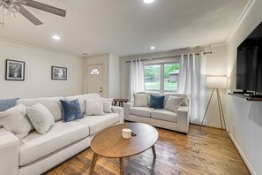 TV, fireplace - Private Yard + Outdoor Pool: Spacious Prosper Home (Prosper)