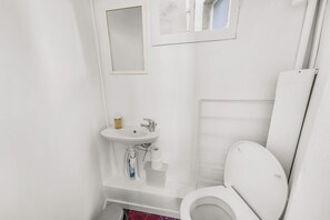 Douche, sèche-cheveux, serviettes fournies, shampoing